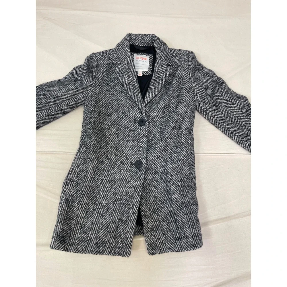 Cat & Jack Kids Herringbone Pea Coat Black White Grey Dress Jacket Size S 6-6X